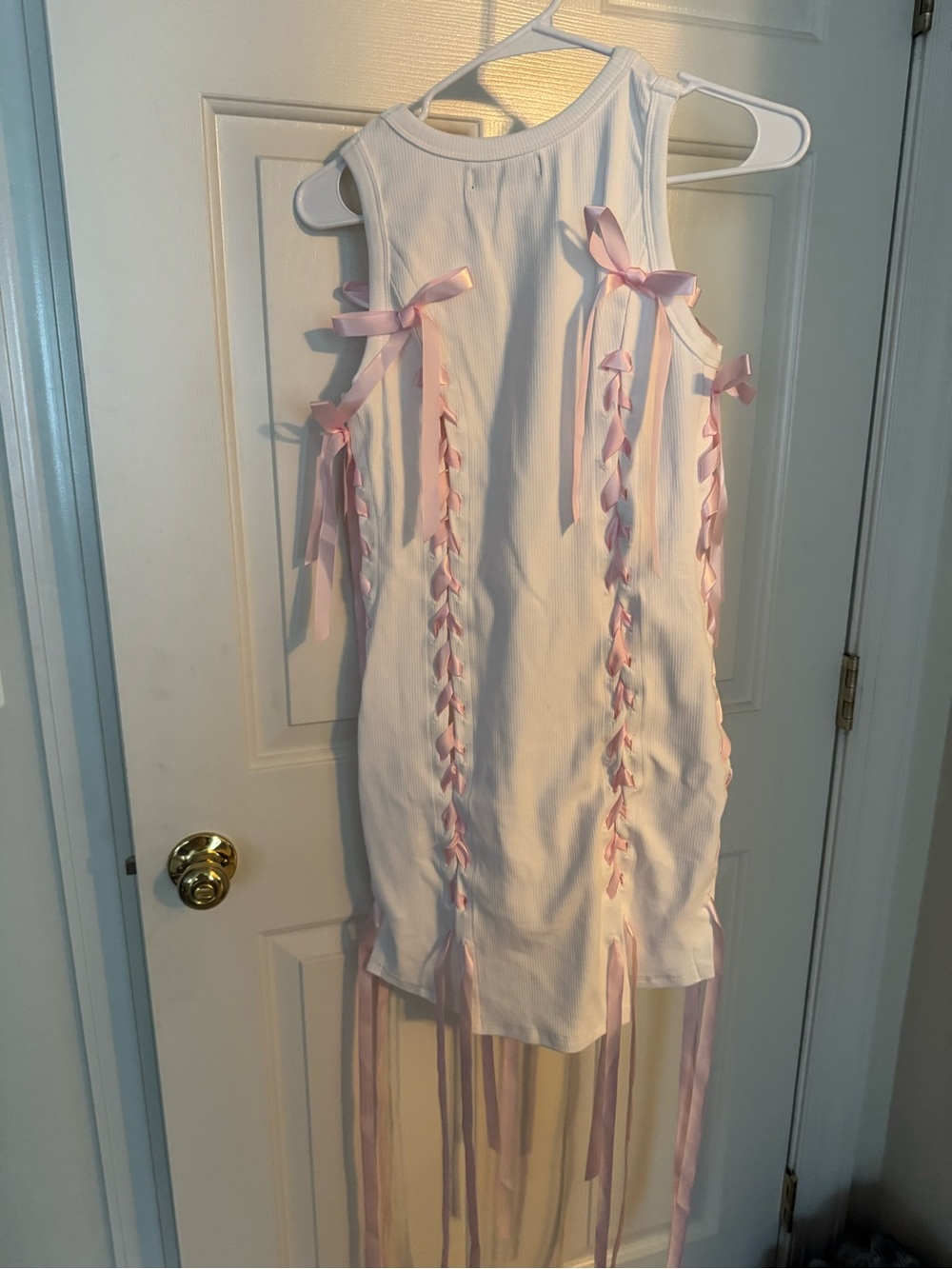 AKIRA White Ribbed Dress with Pink Ribbon Lacing